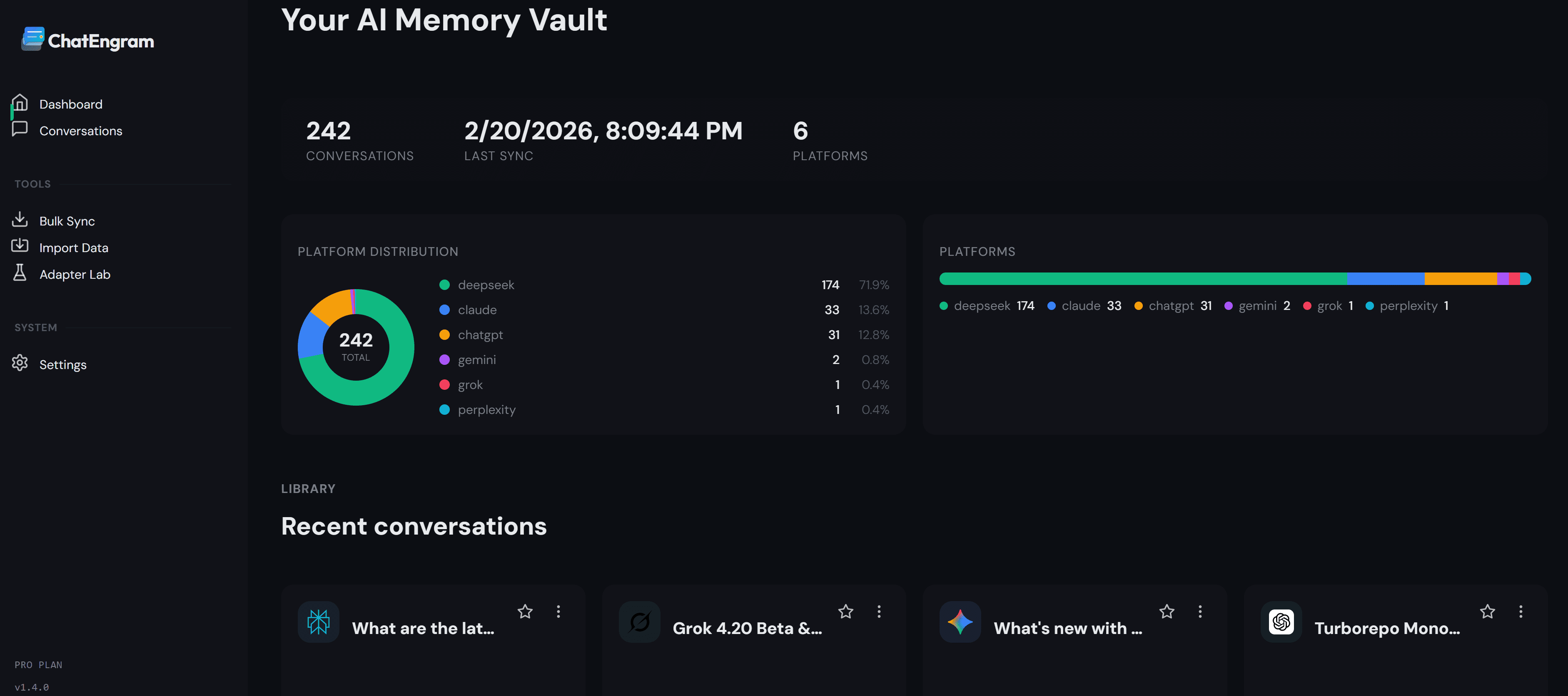 ChatEngram dashboard showing saved AI conversations and search results